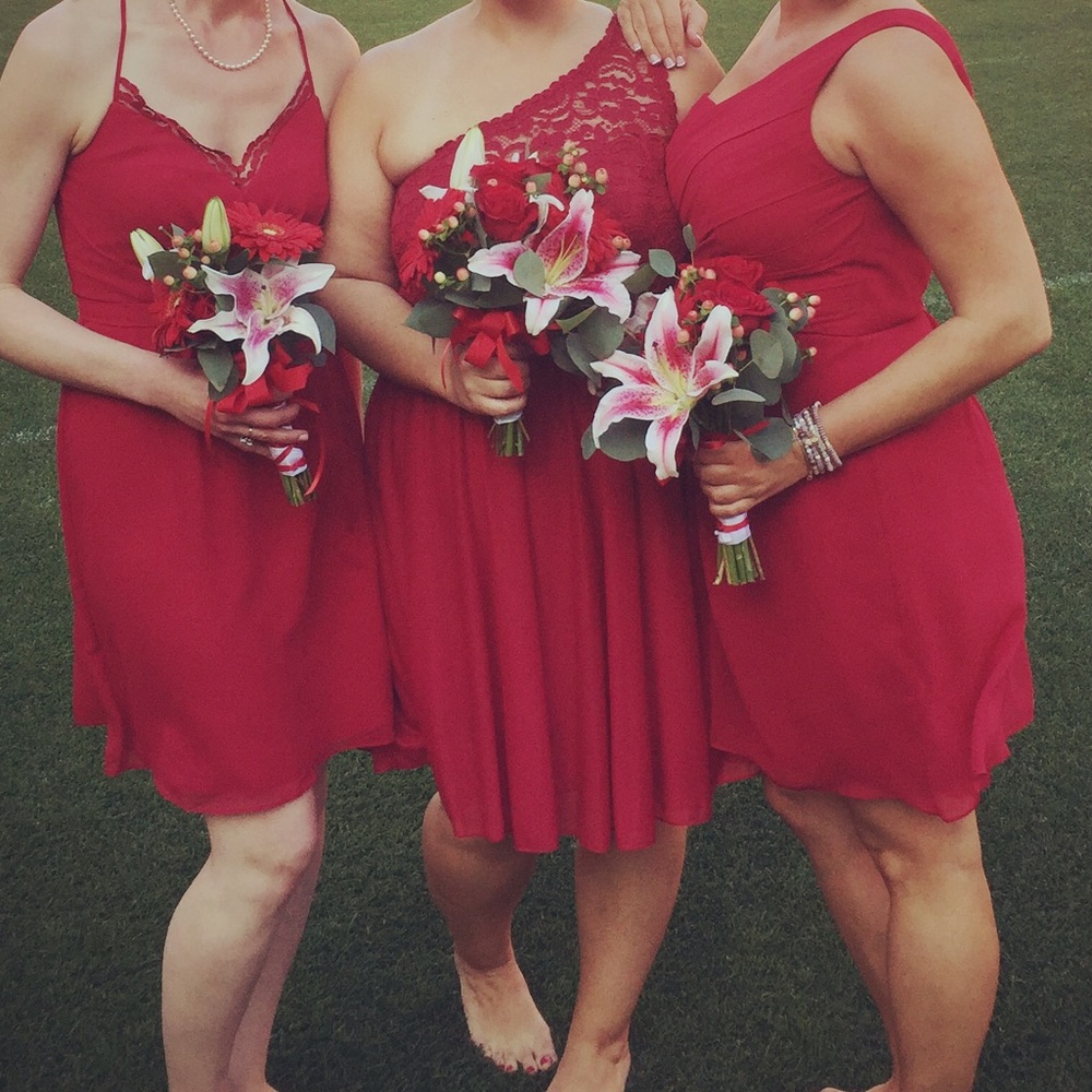 David’s Bridal Red One Shoulder Bridesmaid Dress